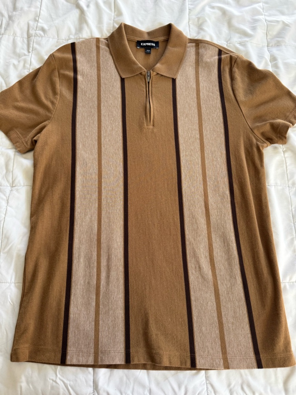Express Men’s Tan and Brown Vertical Stripe Zip Polo